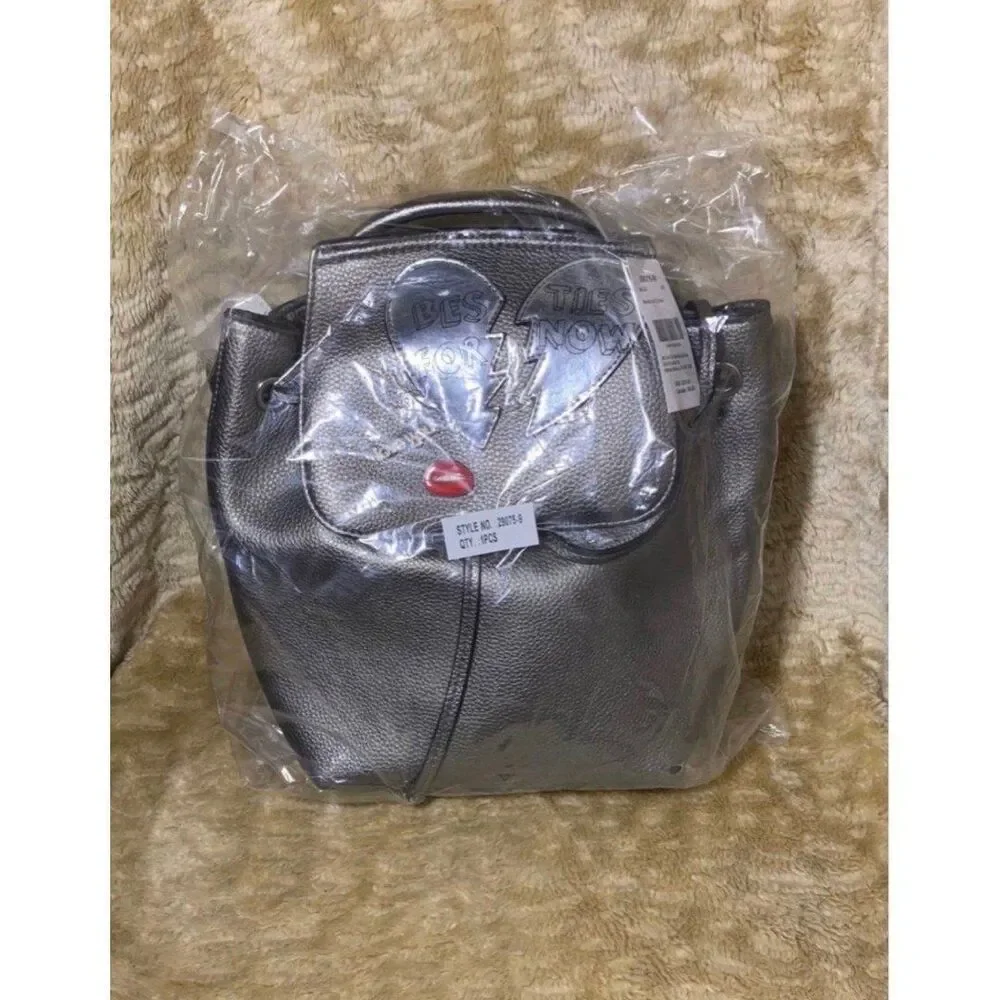 Icing Silver Grey Pins & Patches Casual Faux Leather Mini Backpack Bag NEW